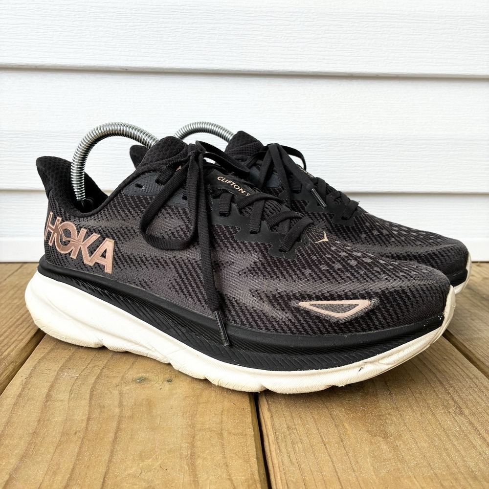 Hoka One One Clifton 9 Cushioned Running Walking Shoes Black Rose Gold Womens 9